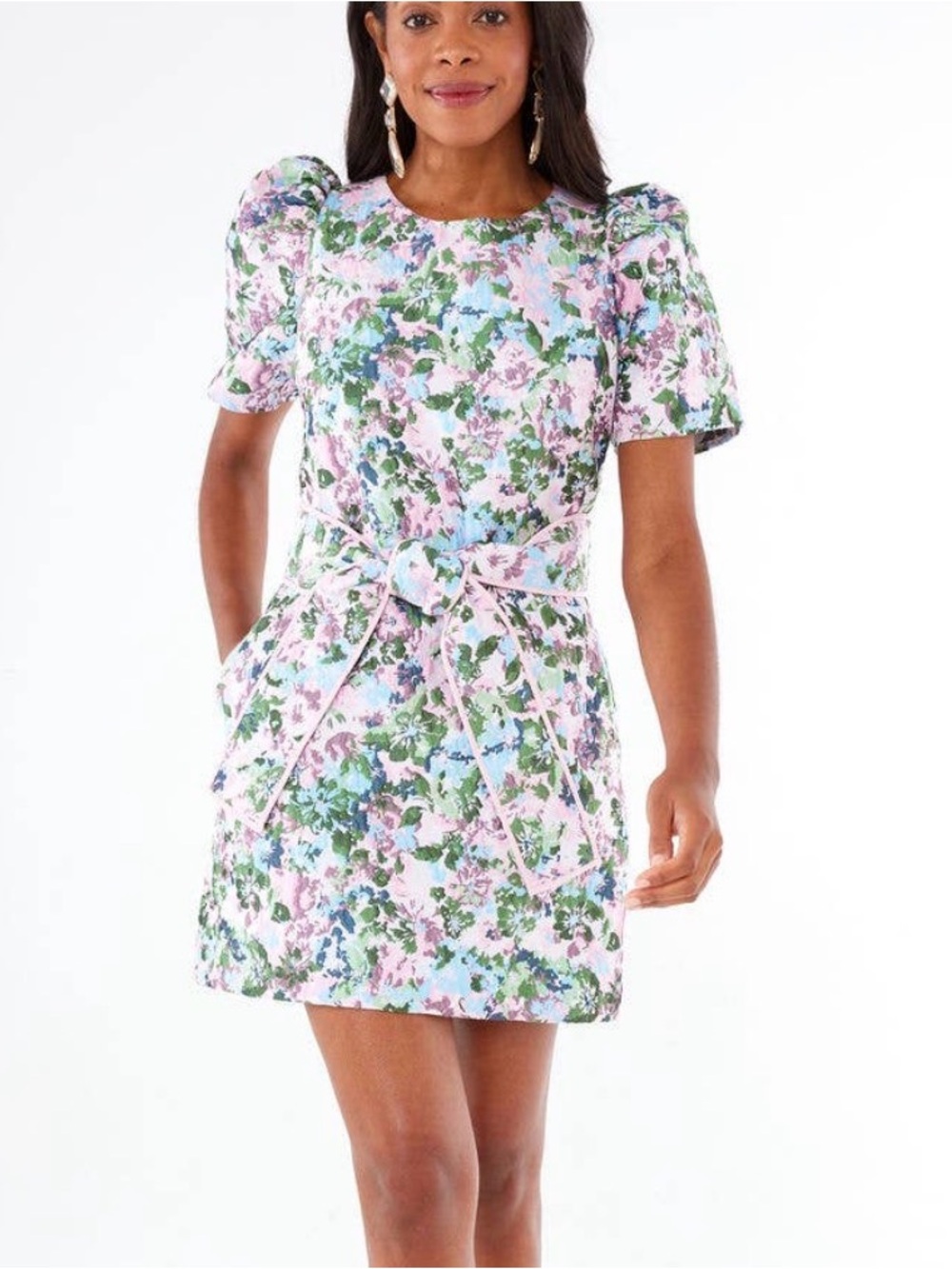 Abbey Glass Floral Puff-Sleeve Belted Mini Dress in Pastel Pink Marty Dress NWT